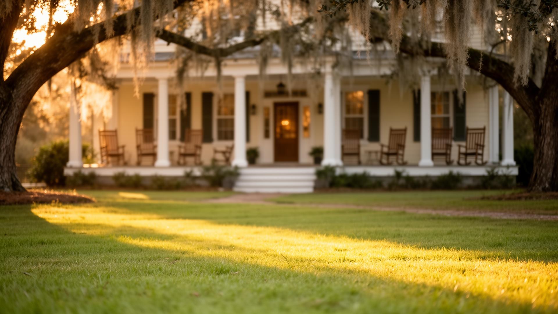 A Southern porch with rocking chairs at golden hour