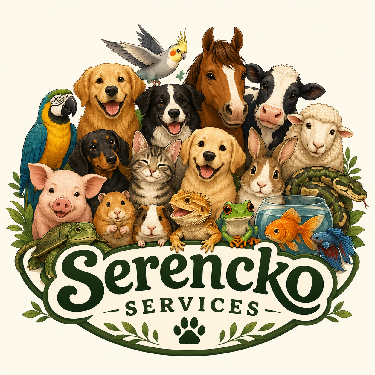 Serencko Services logo — surrounded by a friendly group of pets and farm animals
